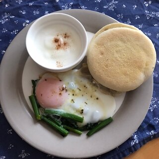 ほうれん草目玉焼きとマフィンの朝ごはん